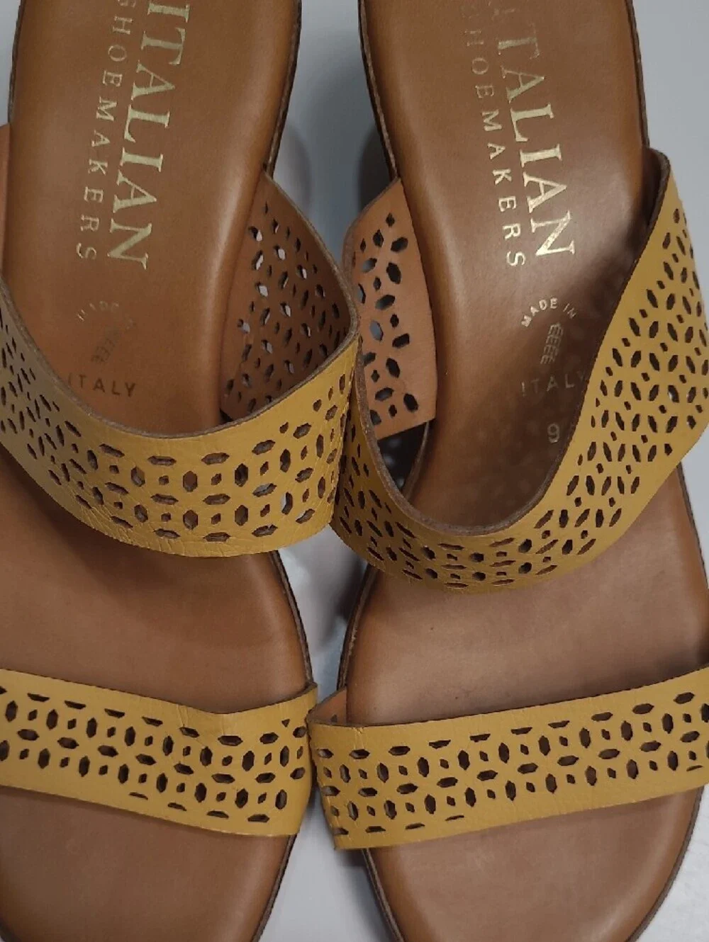 Italian Shoemaker Mustard Yellow Laser-Cut Perforated Slide Sandals - Size 9